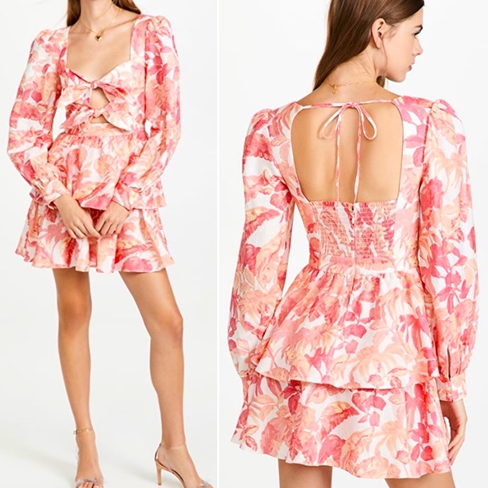 Rebecca Vallance Tropicale Mini Dress Cut Out Linen Ruffle Puff Sleeve Tie Back